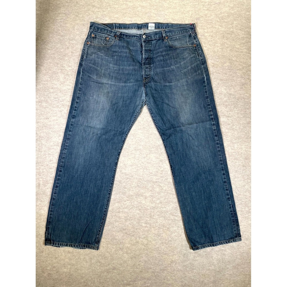 Levis 501 Original Fit Jeans Mens 44x30 Blue Whiskered Denim Cotton Straight Leg